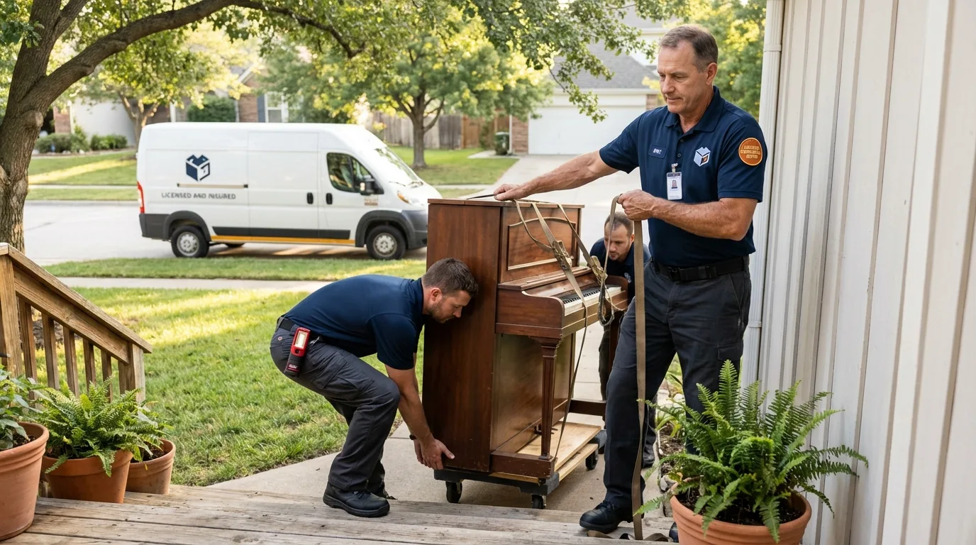 Licensed piano movers securing grand piano in Bayamon, PR